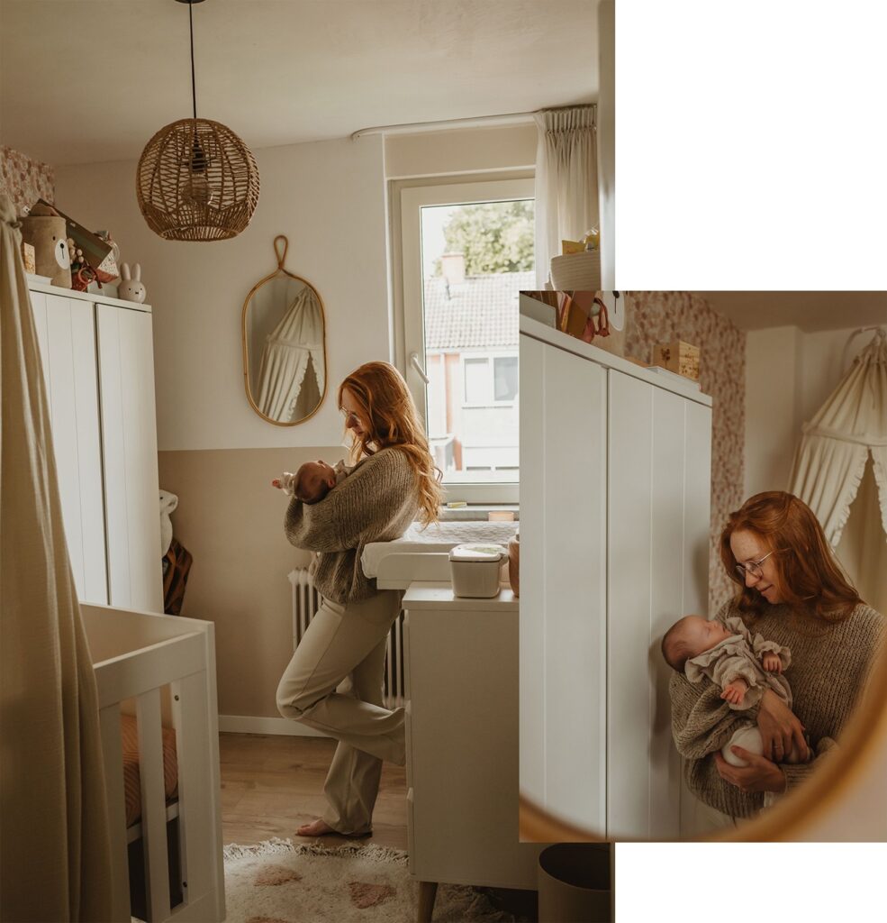 Plannen van een newbornreportage shot voor de blog tijdens een babyshoot op de slaapkamer.